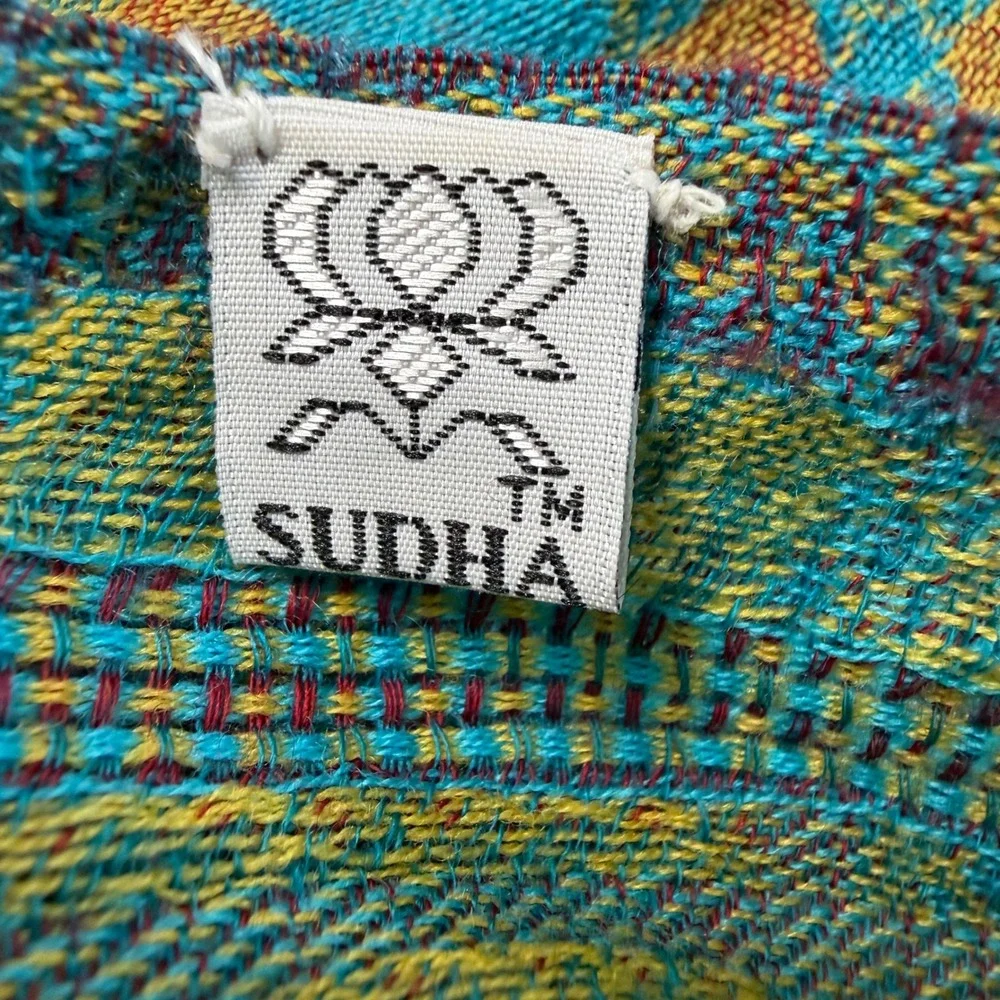 Sudha 100% Wool Scarf Turquoise Orange Green Floral Geometric Fringe Shawl India